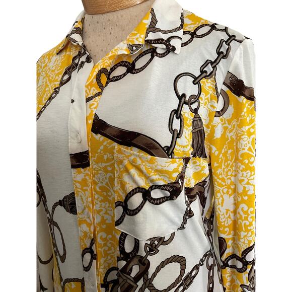 Timing Womens 1X Yellow White Blouse Chain Print Button Up Long Sleeve Top - Picture 10 of 11